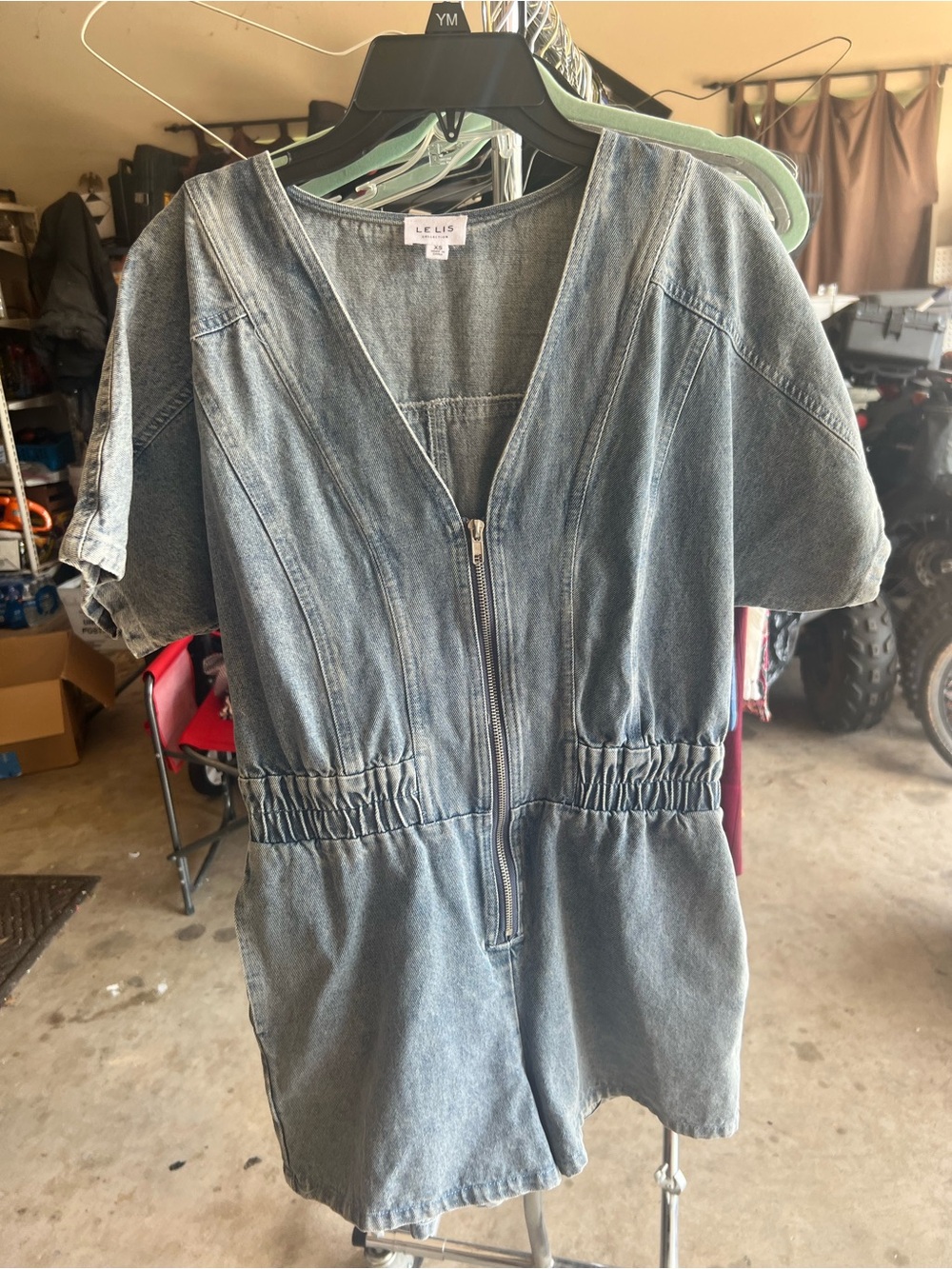 LE LIS Denim Zip-Front Shorts Romper - Blue Xs concerts or festival style